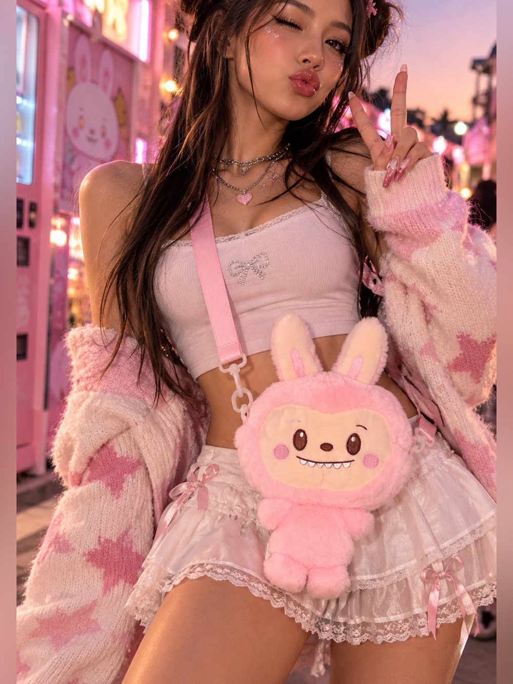 Plush Pink Bunny Monster Crossbody Bag Pop Mart Inspired Fluffy Furry Purse OS